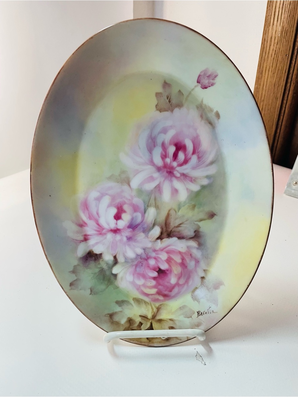 Hand-Painted Pink Floral Porcelain Plaque by Bernita Gold Gift Trim